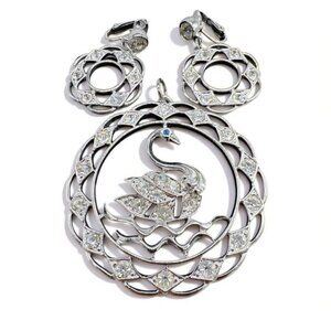Vintage Silver Tone Swan Pendant & Clip-On Earrings Set With Clear Rhinestones O
